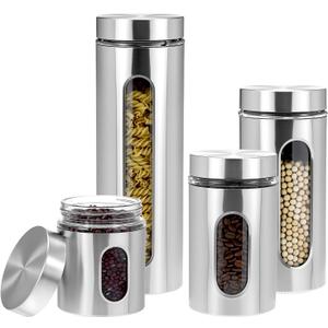 QWORK 4pc Stainless Steel Canister Set with Airtight Lids and Glass Window - Food Storage Containers for Kitchen Counter & Pantry Organization