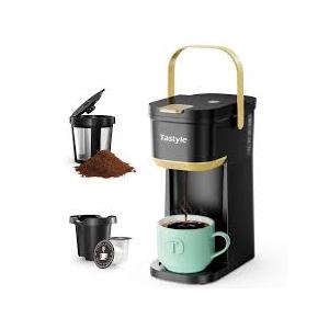Tastyle Single Serve One Cup Coffee Maker, for K Cups and Grounds, Mini Coffee Maker with Portable Handle, 6 to 12 Oz Brew Size, for Travel, Camping, Office, RV and Dorm, 120V, Black and Gold