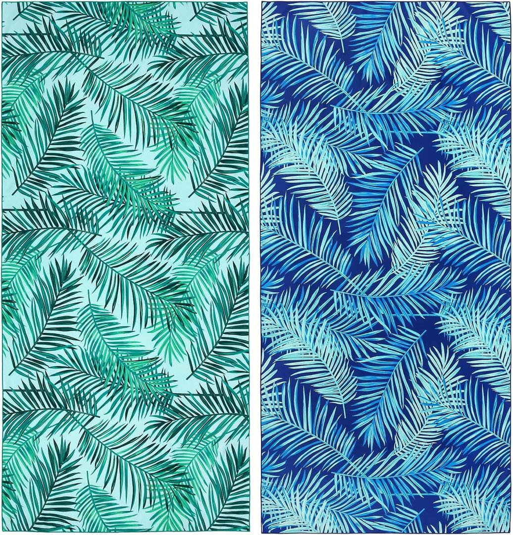 2 Pack Microfiber Beach Towel, Oversized Pool Towel 75x 35, Sand-Free Quick Drying Camping Super Absorbent Bath Blanket, Soft Breathable and Lightweight (2 Pack- Blue/Green Leaves)