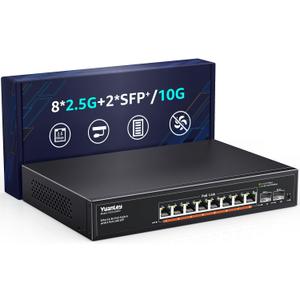 YuanLey 10 Port 2.5G PoE Switch Unmanaged, 8 x 2.5G Base-T PoE Ports, 2 x 10G SFP, IEEE802.3af/at, 120W, Compatible with 100/1000/2500Mbps, Metal Fanless, VLAN, Rack Mount 2.5Gbe Network Switch