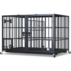Dosker 48/42 inch XL Dog Crate for Large Dog/Double Medium Dogs,Heavy Duty Metal Dog Cages,All Metal Open Top Stackable,Dog Kennel Indoor with Wheels,Floor Grid, Tray, Divider and Feeding Bowl (Black)