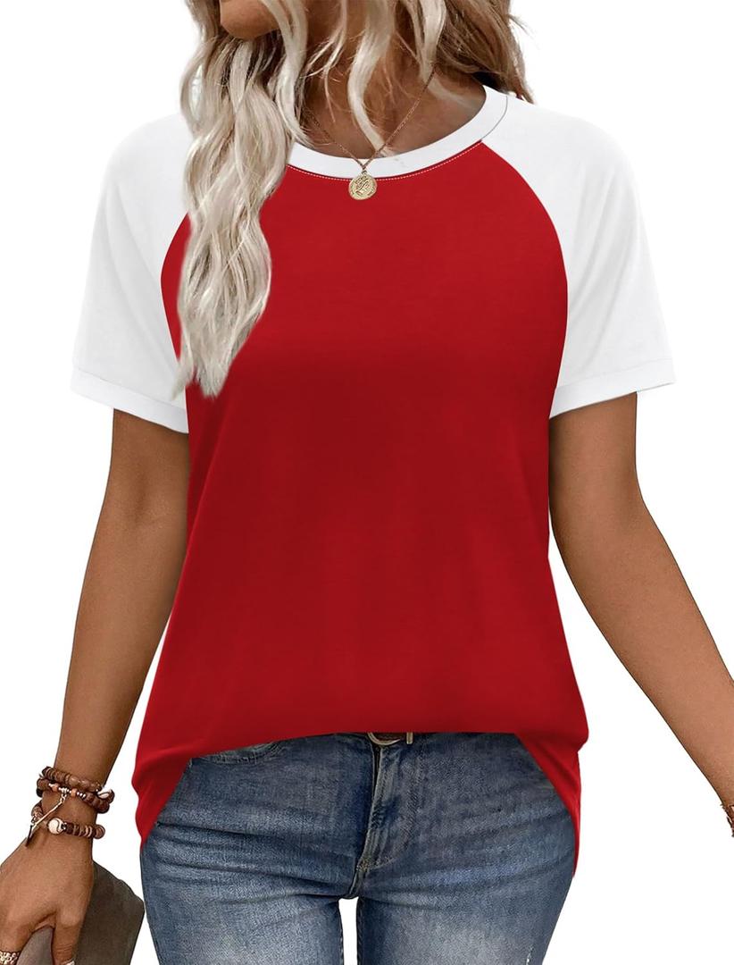 WIHOLL Womens Summer Tops Color Block Short Sleeve Raglan Shirts Spring Fashion Clothes Vacation Outfits Large