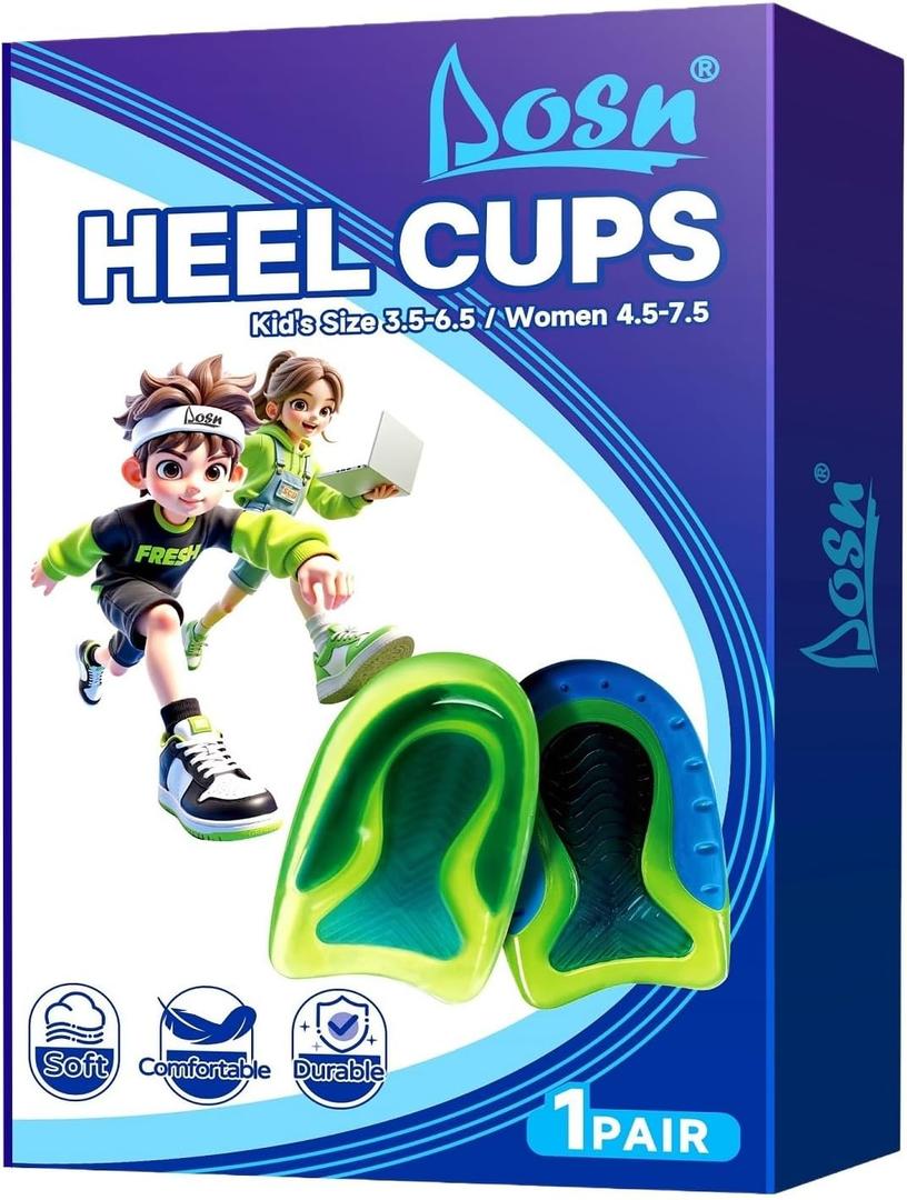 1 Pair Kids Heel Cups for Heel Pain Sport Shock Absorbing Gel Heel Inserts for Kid's with Sensitive Heels, Heel Spurs, Plantar Fasciitis, or Ankle Pain (Kid's Size 3.5-6.5 / Women 4.5-7.5)