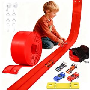 Flexible Race Track Toys for Kids: 20 Ft Flex Race Car Ramp Track with Suction Cups - Rolls Up Portable DIY Racetrack with 4 Racing Cars- Birthday Gifts for Boys Girls Ages 3+