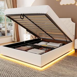 Queen Size Lift Up Storage Bed Frame, Modern Wingback with Adjustable Headboard Equipped with LED Light, Fast Charging Station and Outlet, Solid Wood Slats, No Box Spring Needed, Noise-Free, White