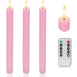 Pink Flameless Taper Candles with Rmote, 9.6" Real Wax Battery Operated Candles with 3D Wick, 3 Pack Led Candles Flickering Candlesticks, Electric Candles for Home, Wedding, Party Decor