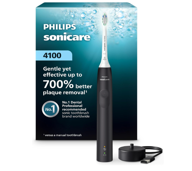 Philips Sonicare 4100 Series Electric Toothbrush  Sonic Toothbrush with Advanced Sonic Technology, Pressure Sensor, Two Intensity Settings, Smartimer & Quadpacer, Black, Model HX3681/24