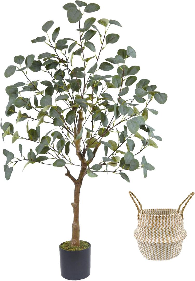 Artificial Eucalyptus Tree, 4ft Tall Green Silk Leaves Perfect Faux Plant with Basket, Mordern Fake Eucalyptus Trees for Indoor Outdoor Home Office Livingroom Floor Dcor
