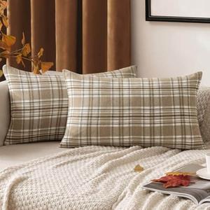 MIULEE Fall Set Of 2 Scottish Tartan Plaid Throw Pillow Covers Farmhouse Classic Decorative Square Cushion Cases For Decor Sofa Couch 16x16 Inch, Khaki And White