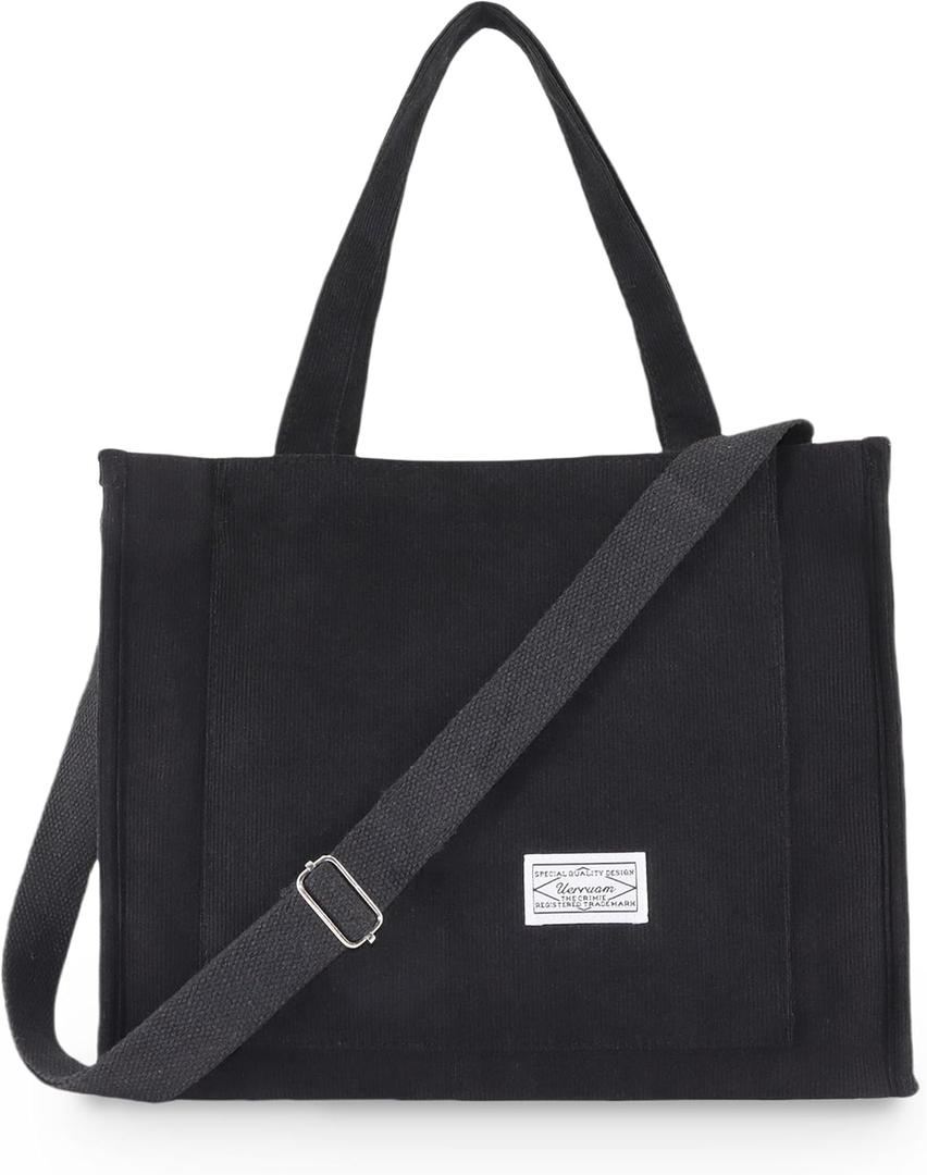 UERRUAM Corduroy Tote Bag for Women Work Crossbody Purse for Everyday,College, Travel,Lightweight Handbag Adjustable Strap (Small, Black)