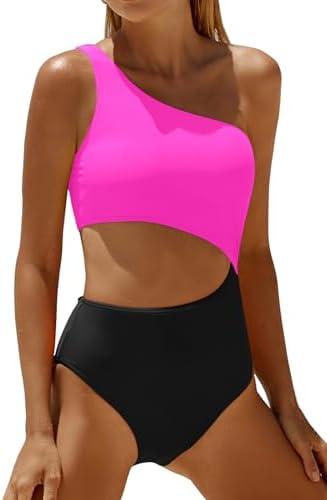 Women's One Piece Swimsuit- One Shoulder Bathing Suit Cutout Tummy Control Swimwear, L