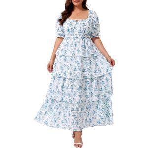 Plus Size Summer Dresses 2026 - Floral Milkmaid Puff Sleeve Casual Ruffle Tiered Maxi Long Sundress