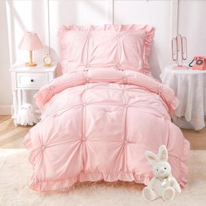 Princess Toddler Bedding Set for Girls, Boho Toddler Bed Set, 4 Pieces Ruffles Jacquard Embroidery Toddler Comforter with Comforter, Fitted Sheet, Flat Sheet and Pillowcase, Pink