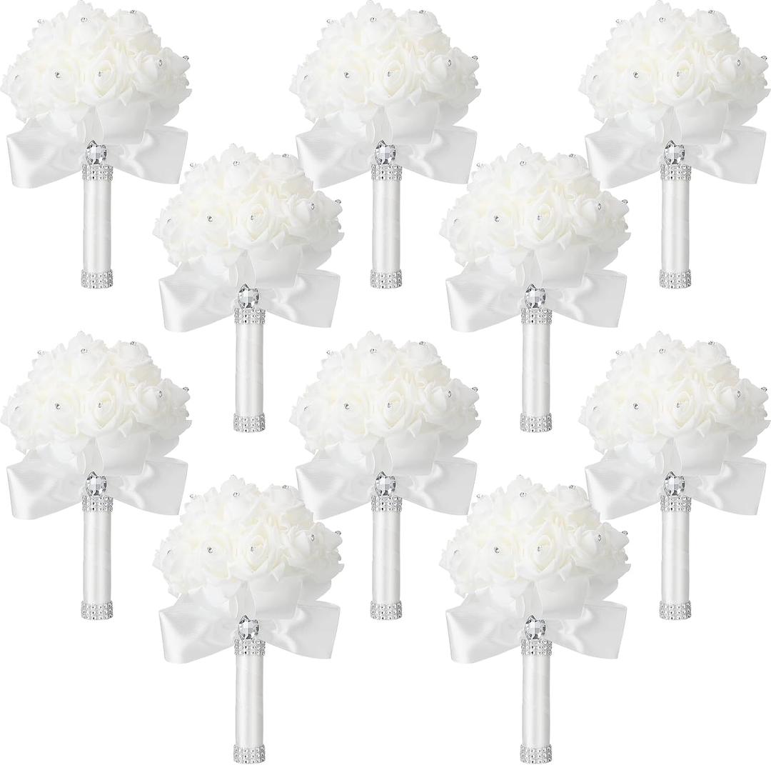 Jutom 10 Pieces Wedding Bouquets for Bride Roses Bridesmaid Bouquets for Wedding Hand Holding Bridal Bouquets for Bride Bouquet with Diamond Soft Ribbons for Engagement Church Party (White)