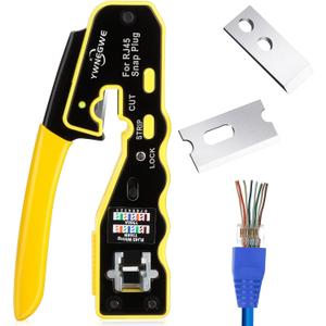 RJ45 Crimp Tool Kit Pass Through Crimper Stripper Cutter All-in-One Ethernet Crimper Tool for Cat5e Cat6 Cat6a 8P8C Pass Through Modular Plugs With 2 Replacement Blades