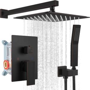 gotonovo Rainfall Bathroom Shower System Rain Shower Head and Handle Set Wall Mounted Shower Complete Combo Solid Brass Pressure Balancing Shower Mixer Valve 10 Inch Oil Rubbed Bronze