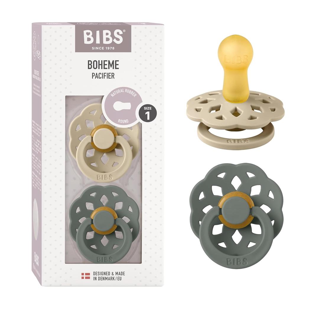 BIBS Pacifiers 0-6 Months | Boheme Collection 2-Pack | BPA-Free Round Nipple | Nautral Rubber Latex | Made in Denmark | Vanilla/Pine