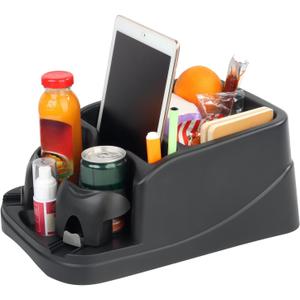 Universal Big Center Console for Cars, Trucks, Minivans, SUVs, Car Console Organizer with 2 Adjustable Cup Holders, Seatbelt for Secure Hold Car Seat Organizer, Truck Floor Console (Black)