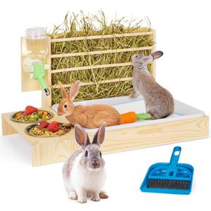 4 in 1 Rabbit Hay Feeder with Litter Box, Small Animals Hay Rack with Water Bottle, and 2 Bowls, Wooden Bunny Hay Holder Feeder Toilet Combo for Rabbit, Guinea Pig, Hamster, Hedgehog, Chinchillas
