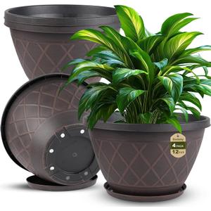 4 Pack 12 Inch Pots for Plants, Plastic Flower Pots with Faux-fence Texture | Modern Planter Pots with Saucers & Drainage Holes, Sturdy & Durable Garden Pots Suitable for Indoor Outdoor Garden (Brown)