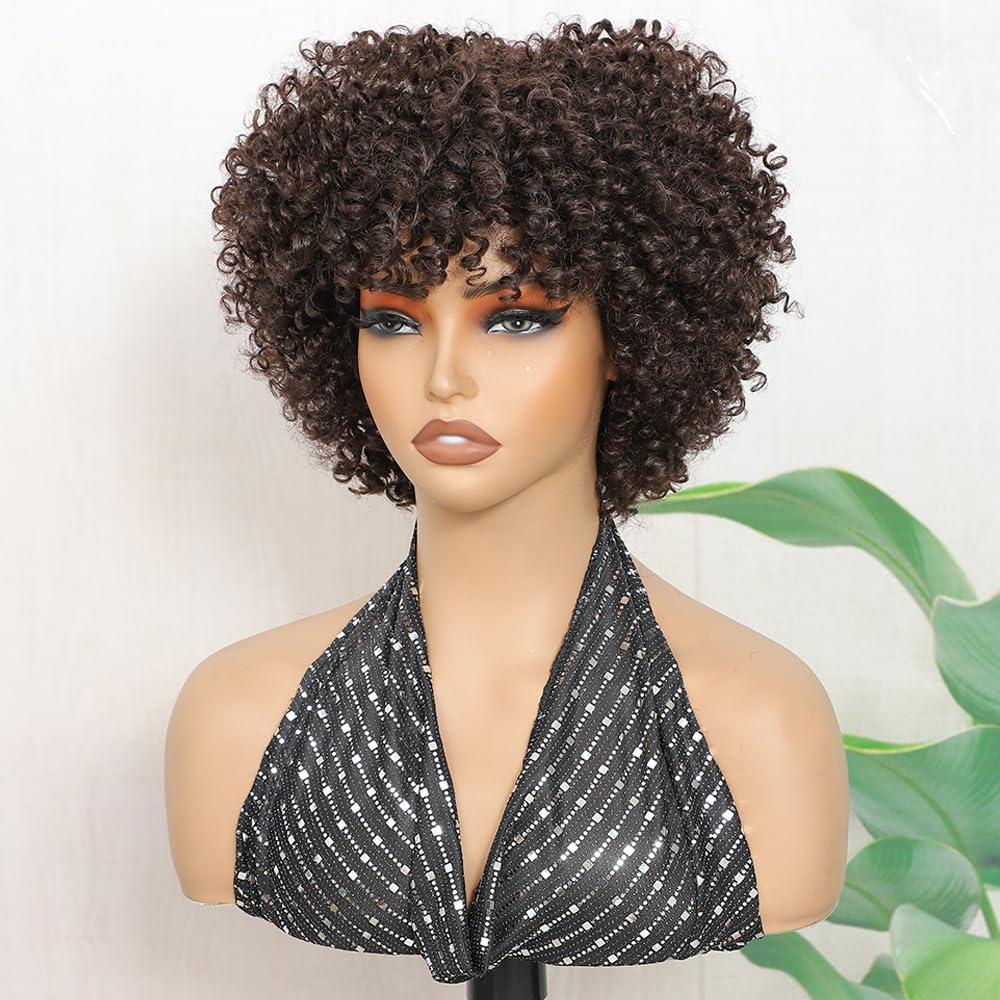 Medium Brown Synthetic Curly Wigs For Black Women Short Curly afro Wig With Bangs Synthetic Hair Heat Resistant African American Wigs
