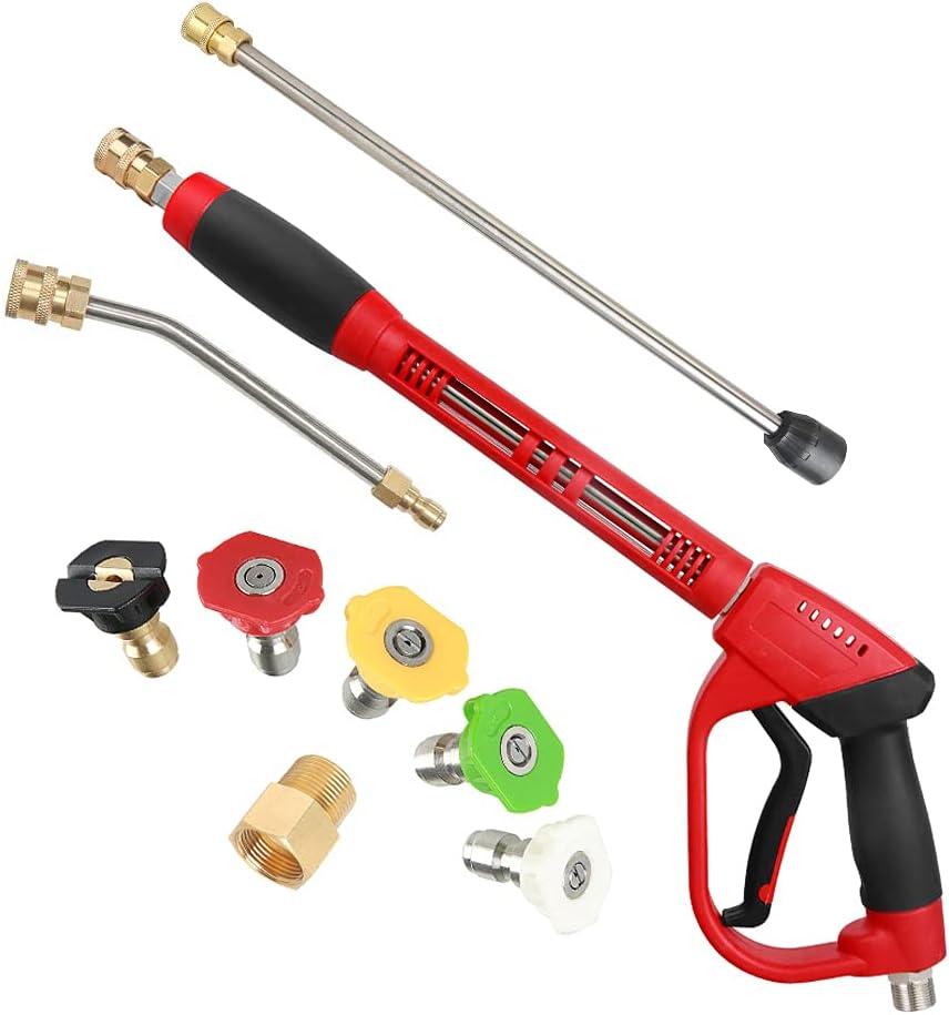 Upgraded Pressure Washer Gun with Extension Replacement Wand, M22 Fitting,7 Inch 30 Degree Curved Rod, 5 Nozzle Tips, 5000 PSI, 47 Inch (black and red)