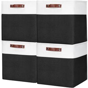 13x13 Cube Storage Bins, Collapsible Fabric Storage Box, 4 Pack Closet Baskets with Handles for Organizing, Shelf, Toys, Clothes, Home, Office, Nursery (Black&White)