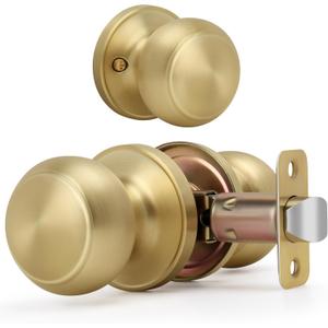 Brushed Gold Flat Ball Door Knob Without Key and Lock, Non-Locking Passage Round Design Doorknob for Hallway/Closet, Satin Brass Finish (1 Pack)