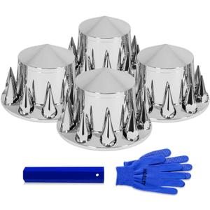 Chrome Pointed 4 Rear Axle Cover Kit with 32mm/33mm Spike Screw-on Lug Nut Covers with Removable Hub Caps for Semi Truck (Installation Tool Included)