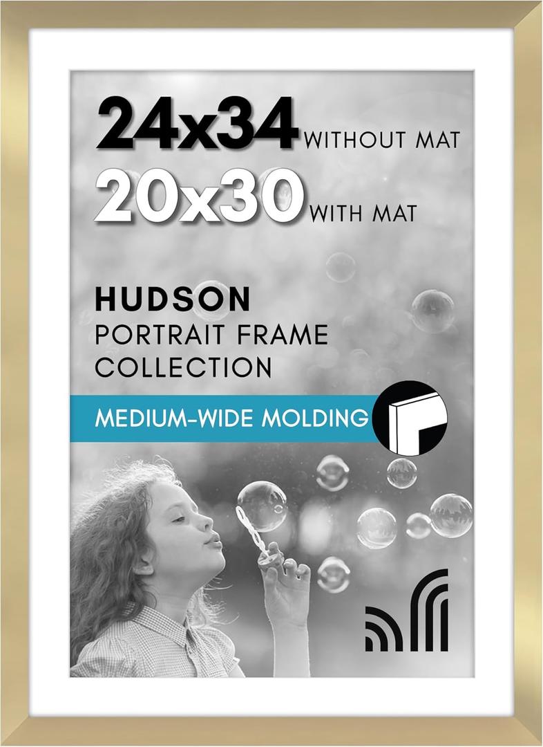 Americanflat 24x34 Poster Frame with Polished Plexiglass - Use as 20x30 Frame with Mat or Display 24x34 Photo Without Mat - Hudson Collection - Wide Picture Frames for Wall Display - Gold