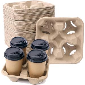 Disposable Compostable Drink Carriers, 100 Pack | Paper Pulp Cup Holder for 4 Cups (8-32 oz) | Biodegradable Tray for Coffee, Bubble Tea, Takeout & Delivery