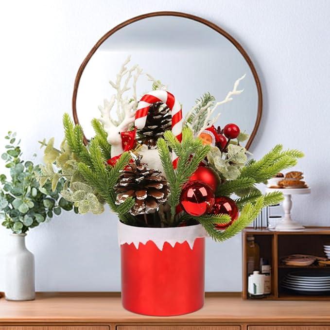 Mini Christmas Tree, Mini Tabletop Christmas Tree Decor for Desk Bedroom Office Home Small Christmas Decorations with Red Christmas Ball Santa Figure Pine Cones for Holiday