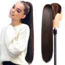 SEIKEA 28" Ponytail Extensions Drawstring Long Straight Fake Pony Tail Natural Soft Clip in Hair Extension Synthetic Heat Resistant Hairpiece - Dark Brown