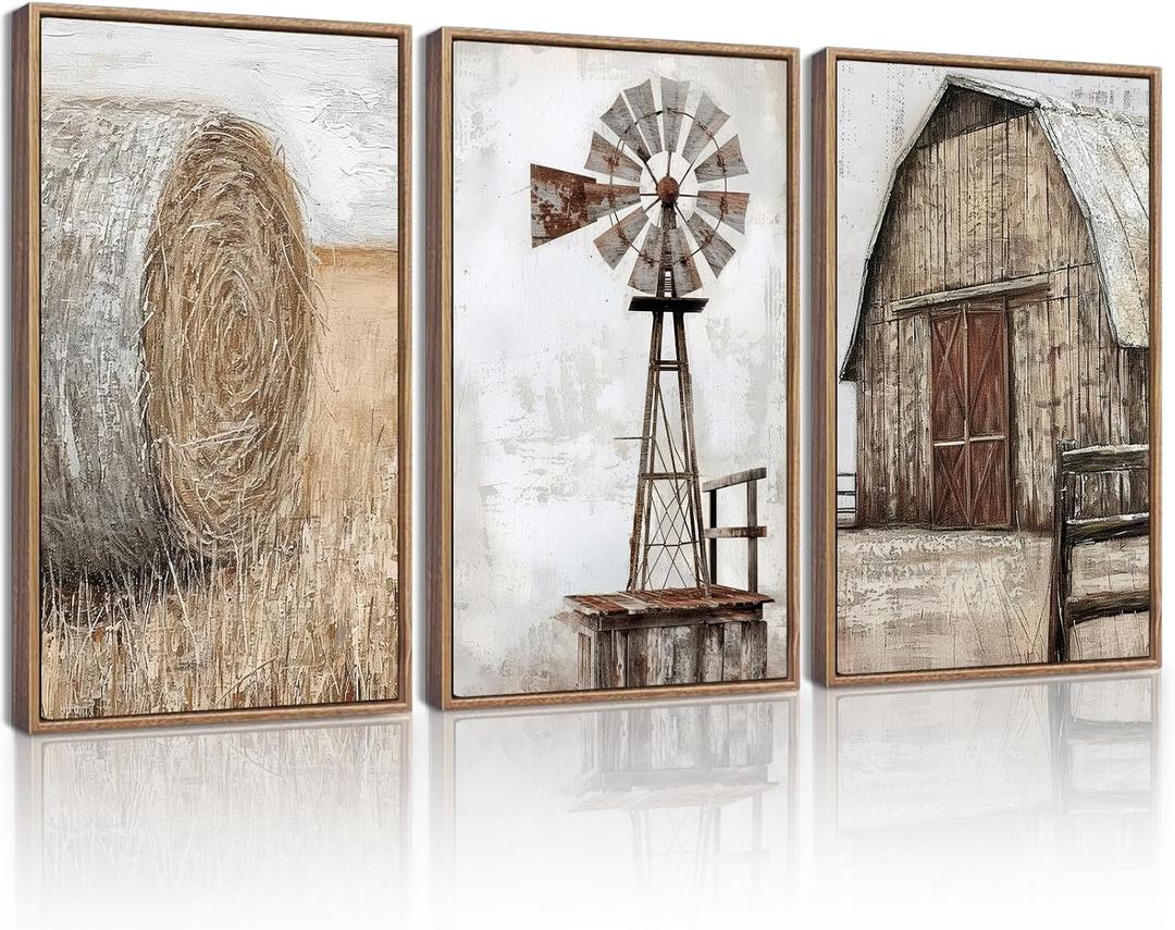 Drsoum Farmhouse Wall Art Vintage Rustic Windmill Barn Cornfield Pictures Framed Painting Landscape Countryside Rural Canvas Artwork Home Decor Ready to Hang 16x24in - Natural Framed