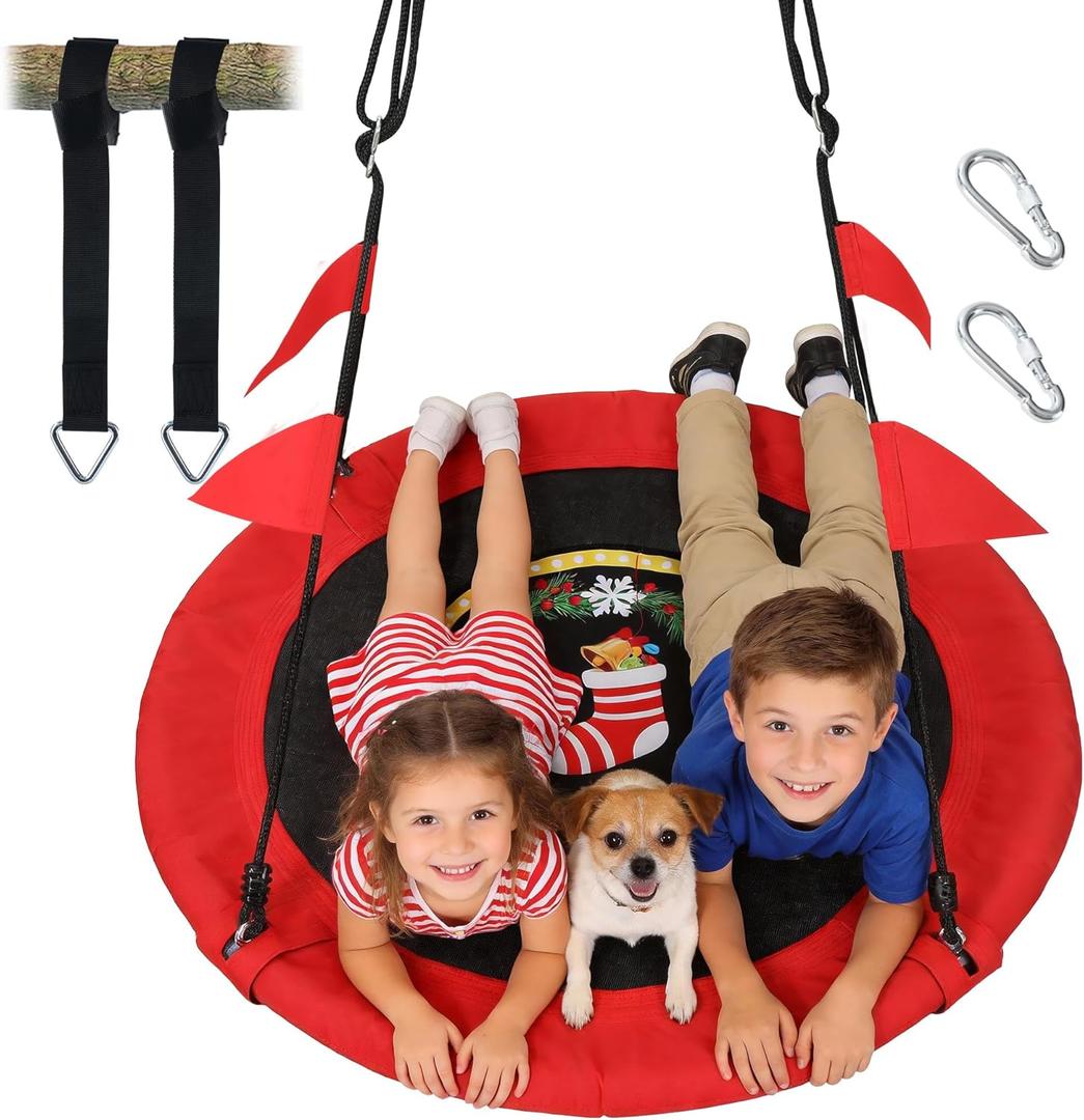 PACEARTH 40 Inch Flying Saucer Tree Swing, 900lb Weight Capacity, Sturdy Outdoor Swing Set with 2 Tree Straps, Safe and Durable Swing Seat for Children, DIY Package, Christmas Color Palette, Red