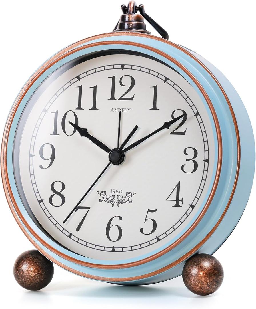 AYRELY 5.3" Vintage Analog Alarm Clock, Battery Operated Metal Desk Clock, Retro Table Clock with Light for Living Rooms, Bedrooms, Shelf, Home Decor (Blue)
