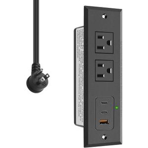 CCCEI Recessed Power Strip with 45W USB-C Ports, Fast Charging USB A Port Desk Outlet, Black Furniture Hidden Charging Station for Side Table, End Table, with 10FT 45 Degree Flat Plug Extension Cord.