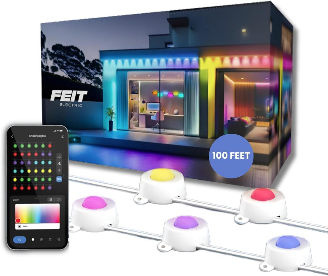 Feit Electric Permanent Outdoor Lights, Smart String Lights, 100FT LED Lights, 2.4GHz WiFi-Enabled Under Eaves Light, Works with Alexa and Google Asst, App Control, Weatherproof, SL100-60/RGBTW/AG (RGB + Tunable White)