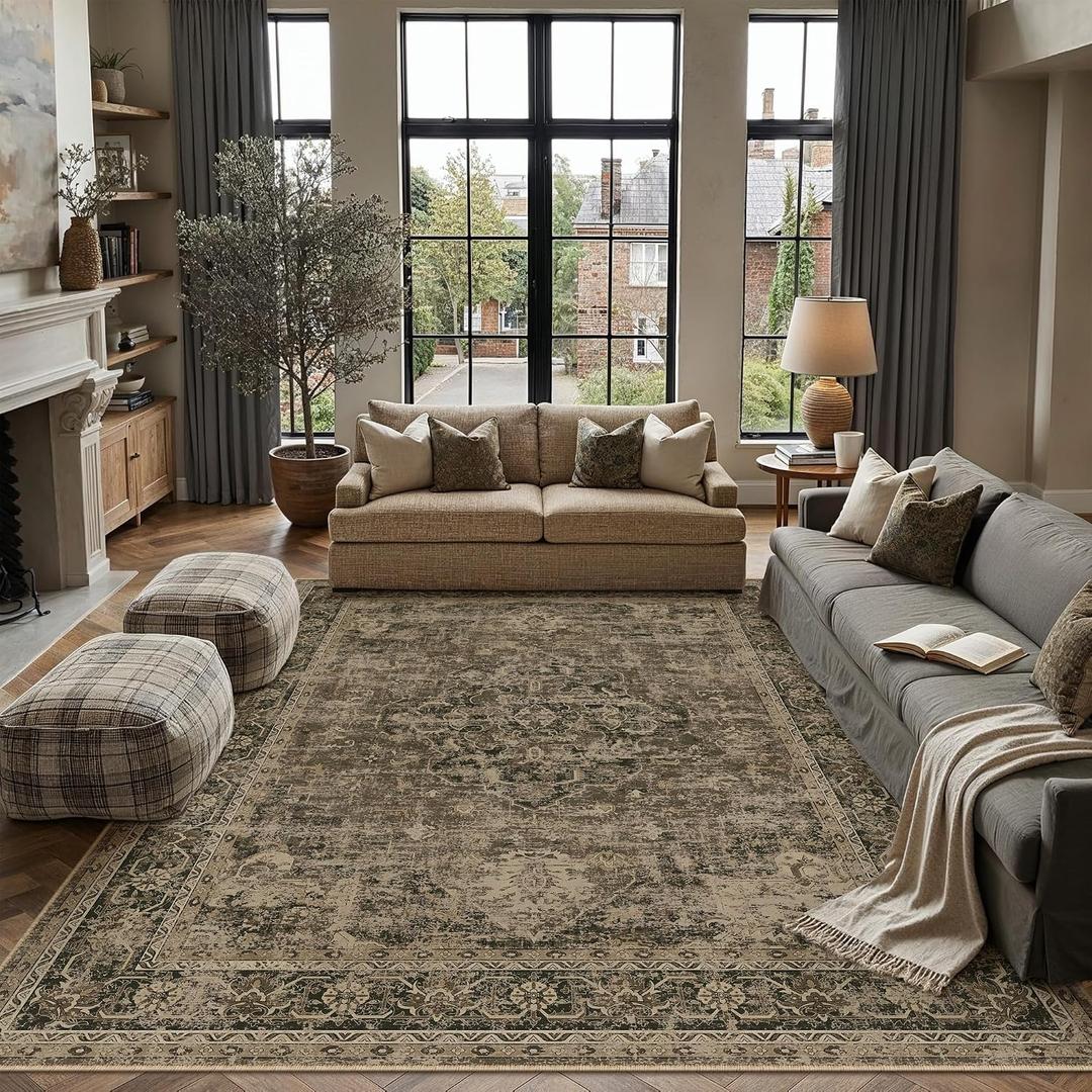 PureCozy 9x12 Washable Area Rug Brown Vintage Distressed Large Rug for Living Room Oriental Soft Thin Indoor Retro Carpet Non Slip Low Pile Floor Cover for Bedroom Dining Room Office Nursery