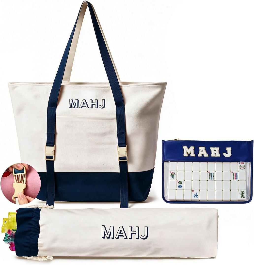 Mahjong Tile Bag and Rack Bag 3-Piece Set, Canvas Tote,Dark Blue