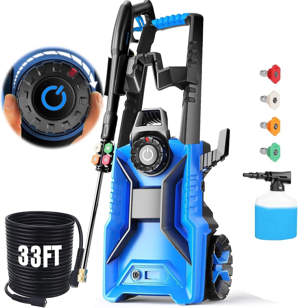 Electric Pressure Washer 5000 PSI 3.0 GPM Adjustable Pressure, Power Washers Electric Powered with 33ft Pressure Hose, 4 Nozzles and 500ml Foam Cannon, Powerwashers for Home, Car, Blue