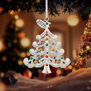 2025 Metal Christmas Tree Ornament Decorations 5" with Colorful Crystals & 2025 Dated Engraved for Keepsake Gifts Holiday Home Party Decor
