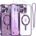 Meifigno for iPhone 15 Pro Max Case 6.7", [Glitter Card & Wrist Strap] [Compatible with MagSafe] [2X Screen Protectors] Surround Raised Camera Lens Protection for 15 Pro Max Case, Deep Purple