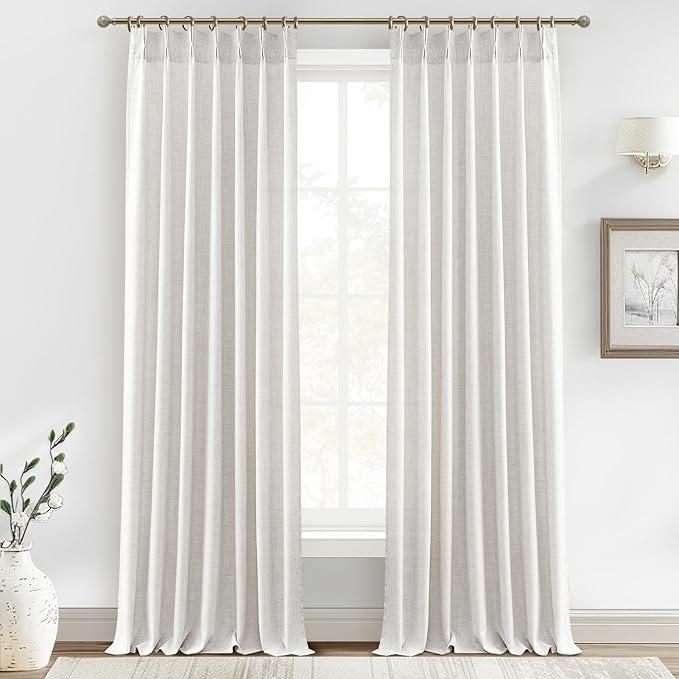 Natural Linen Viral 105 Inch Curtains for Dining Room, Textured Boho Beige Semi Sheer Farmhouse Curtain 2 Panels Set with Hooks&Rings for Bedroom 104-106 Inch Window Drapes W40 xL105