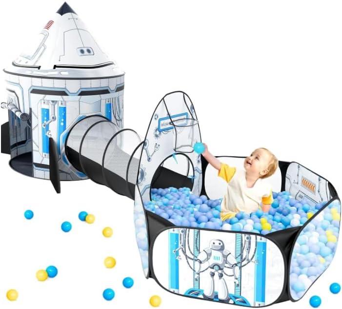 Kids Ball Pit for Play Tent: 3PC Rocket Ship Baby Gifts, Spaceship Tents and Crawl Tunnel for Toddlers, Astronaut Pop Up Playhouse Toys for Indoor Outdoor Games (White)