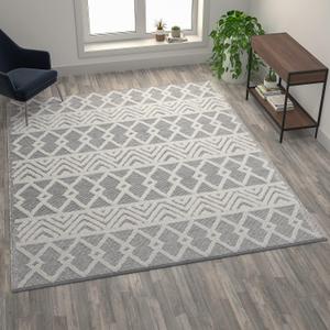 Flash Furniture Deanna 8'x10'' Geometric Area Rug - Indoor Hand Woven Gray Background/Ivory Diamond Pattern - Polyester/Cotton Blend - Suitable for Most Flooring