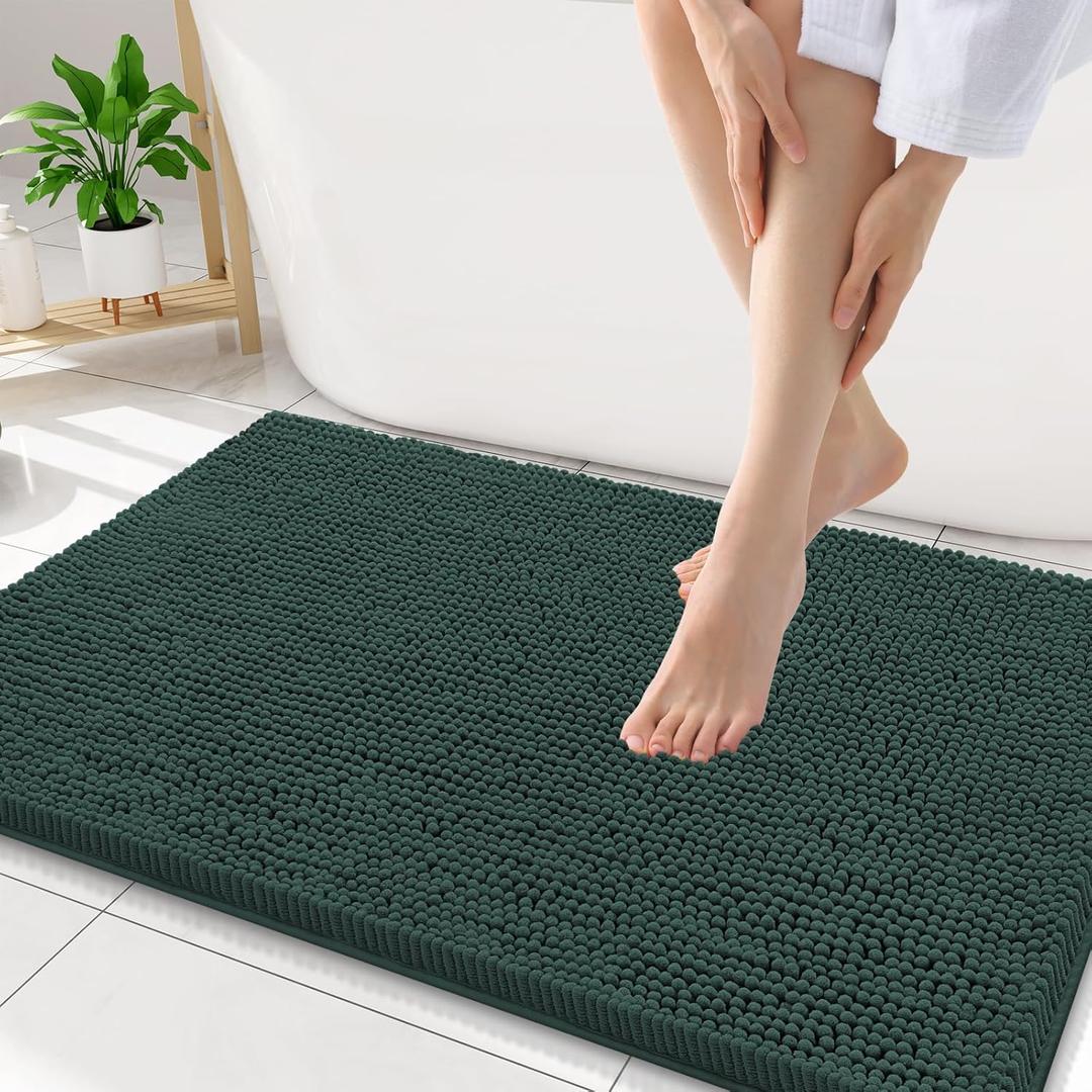 Smiry Luxury Chenille Bathroom Rugs 34x21, Extra Soft and Absorbent Shaggy Bath Mat, Machine Washable, Non-Slip Plush Carpet Runner for Tub, Shower, and Floor, Home Decor Accessories, Green