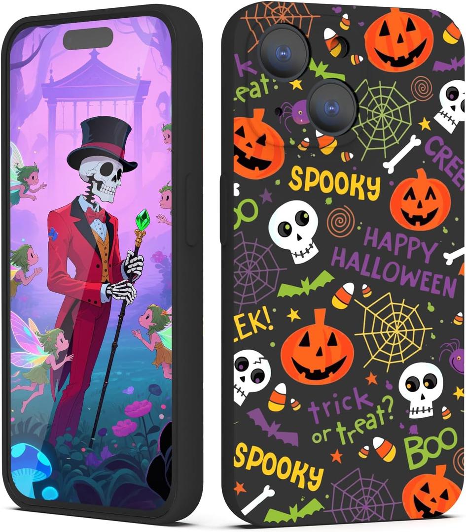 Case for iPhone 15 Halloween Ghost Pumpkin Design,Black Matte Soft Slim Fit TPU Anti-Scratch Shockproof Protective Cover Phone Case for iPhone 15 (pumpkin spider web)