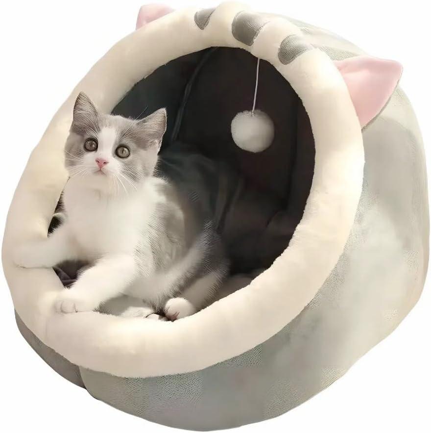 Covered Cat Bed, Orthopedic Memory Foam Cat Beds for Indoor Cats, Enclosed Cave Design with Washable Inner Cushion, Pink Cat Ears & Hanging Pom - Pom for Large Cats & Small Dogs
