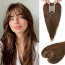 Flufymooz Real Human Hair Toppers for women, 10 Inch Clip in Bangs 100 Human Hair Toppers for Thinning Hair, Cover Hair Topper Hair Pieces with 150% Density Silk Base-Medium Brown